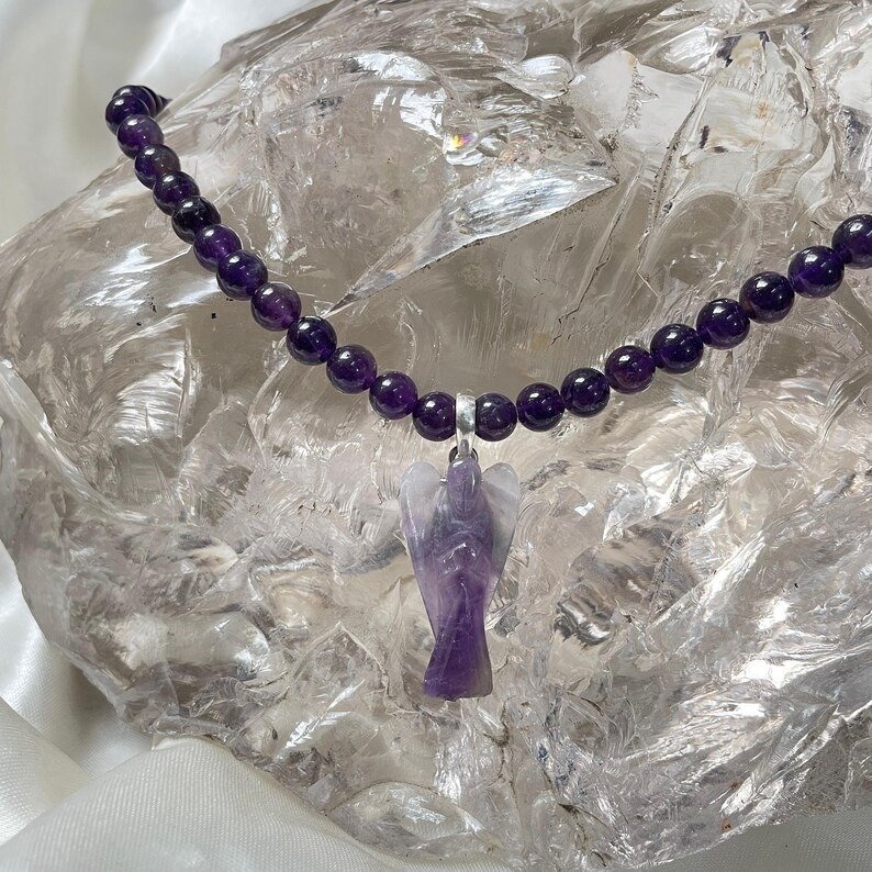 Amethyst Necklace, Amethyst mala with Angel pendant - Image 4