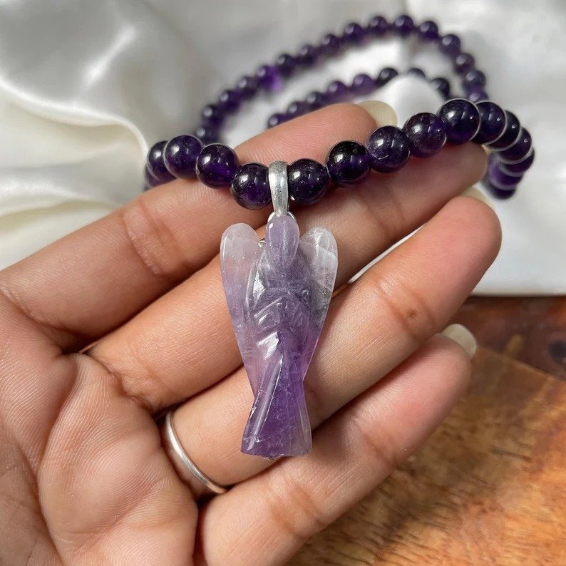 Amethyst Necklace, Amethyst mala with Angel pendant - Image 6