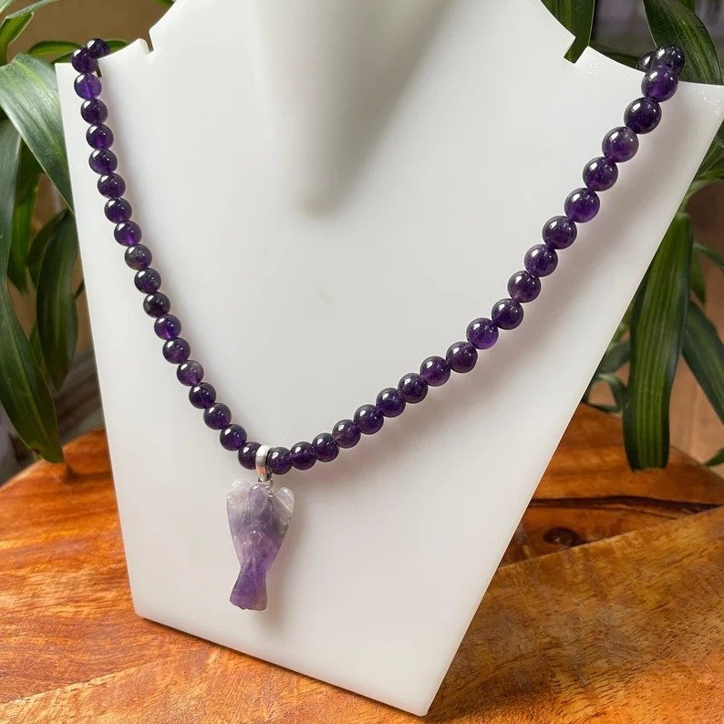 Amethyst Necklace, Amethyst mala with Angel pendant