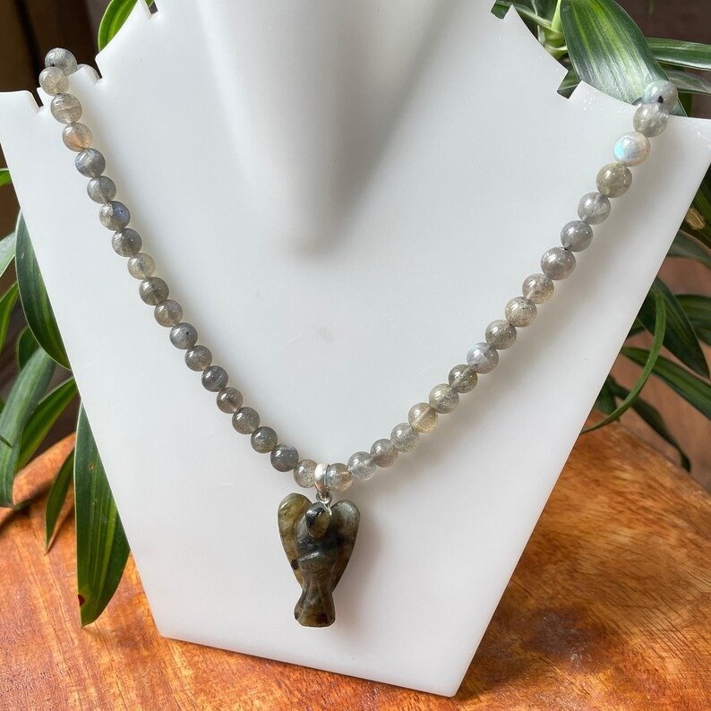 Labradorite Necklace, Labradorite Mala with angel pendant
