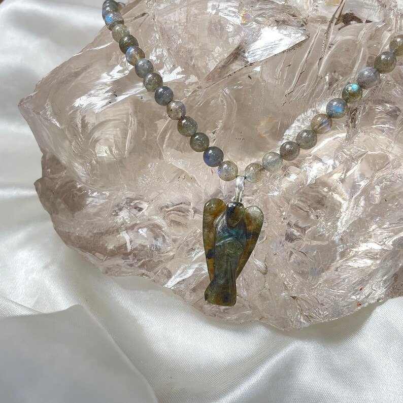 Labradorite Necklace, Labradorite Mala with angel pendant - Image 7