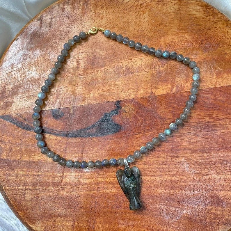Labradorite Necklace, Labradorite Mala with angel pendant - Image 4