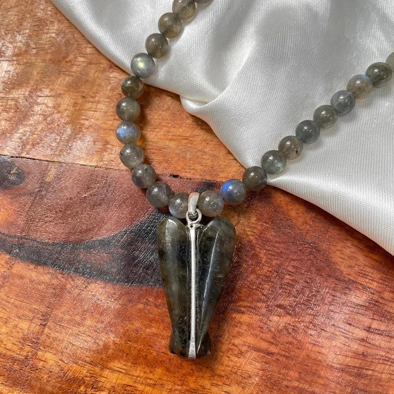 Labradorite Necklace, Labradorite Mala with angel pendant - Image 2