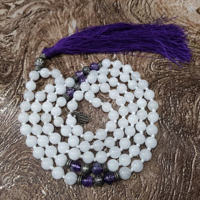 Natural White Agate Mala, Gemstone Mala