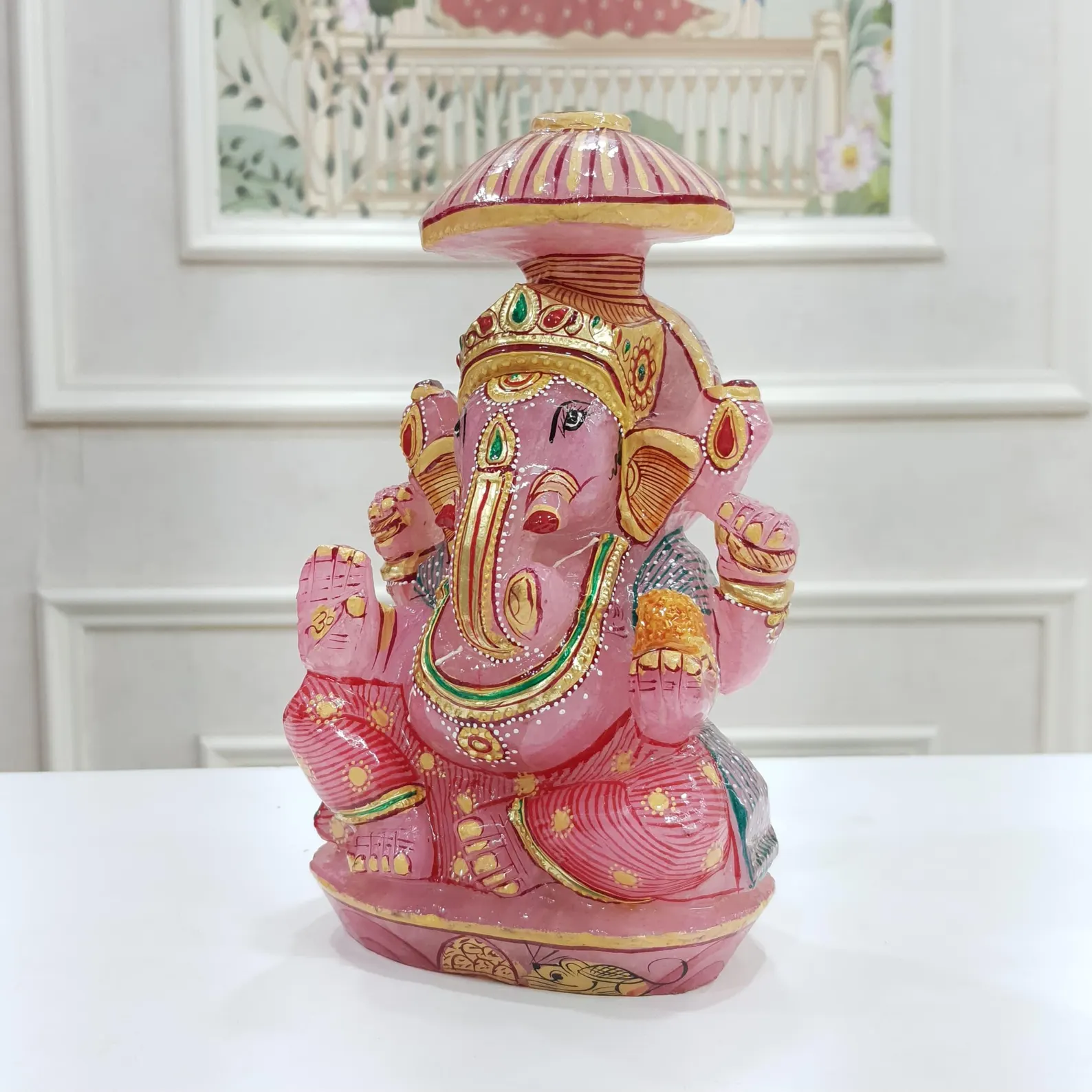 Rose Quartz Ganesha Statue – 8.5" Carved Ganesha with Gold Detailing - Image 8