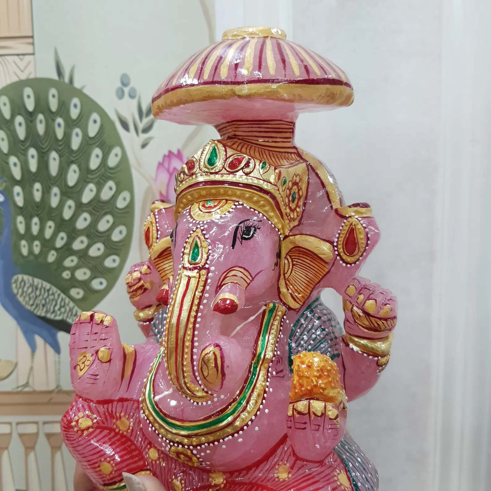 Rose Quartz Ganesha Statue – 8.5" Carved Ganesha with Gold Detailing - Image 4