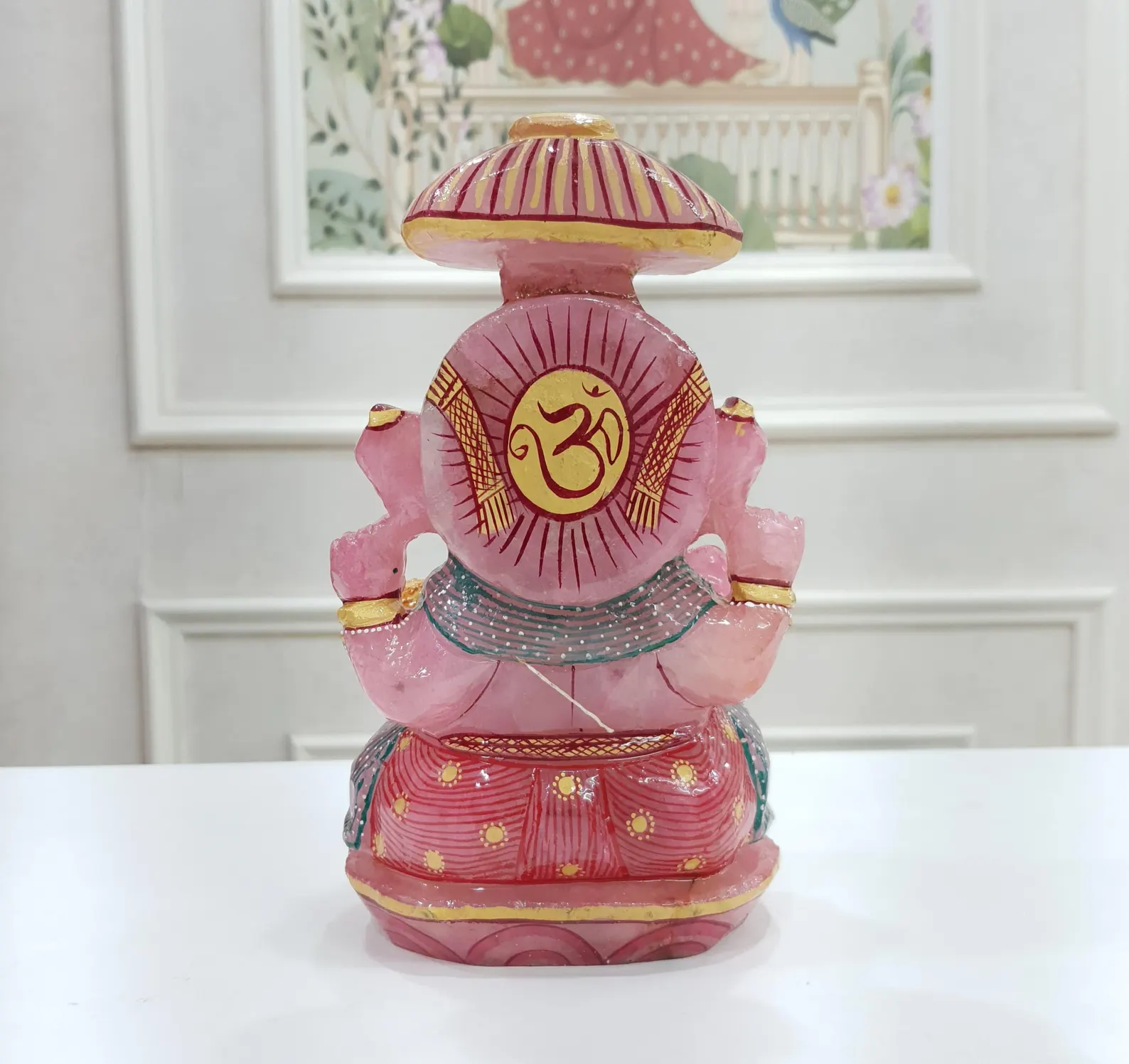 Rose Quartz Ganesha Statue – 8.5" Carved Ganesha with Gold Detailing - Image 2