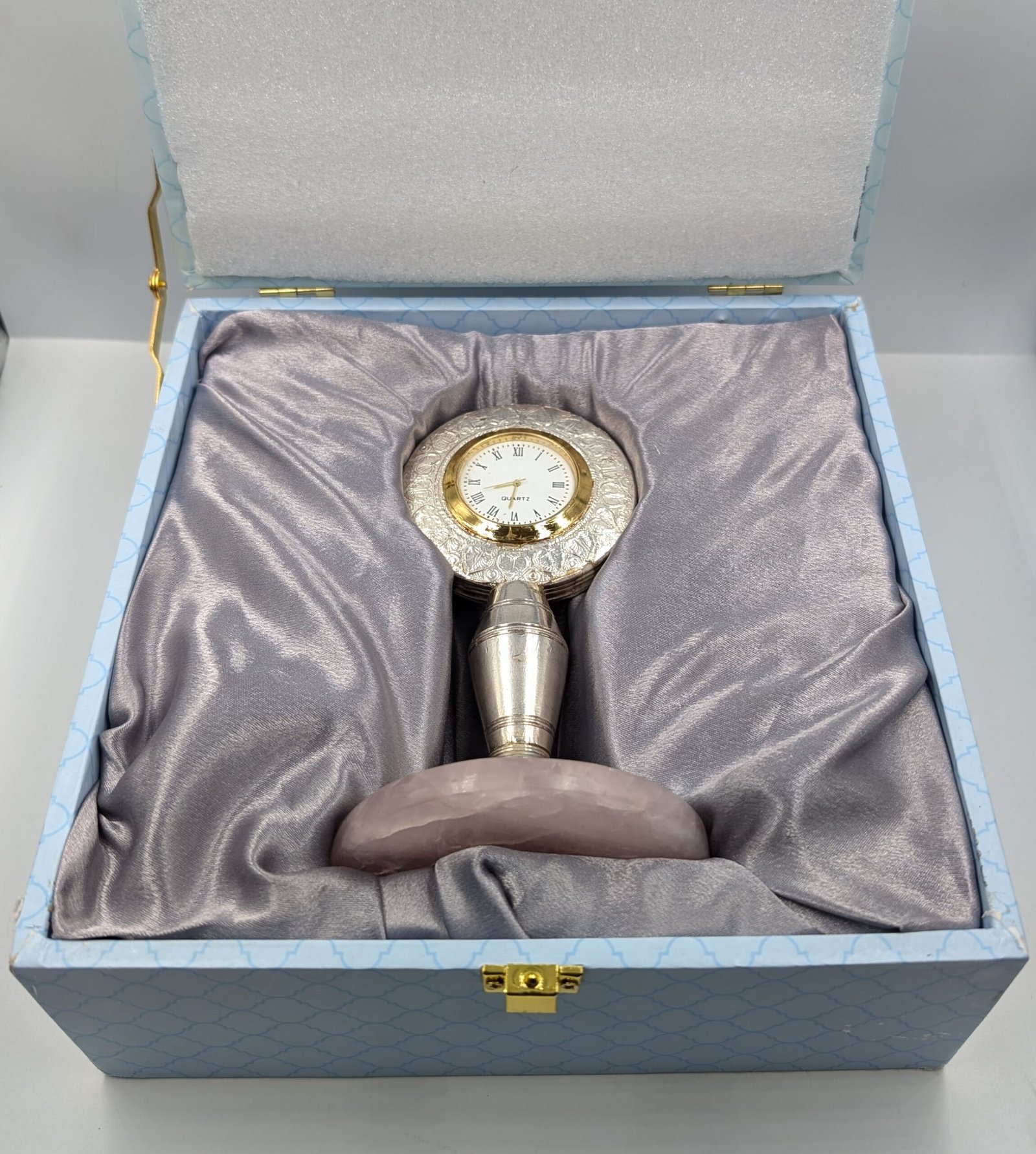 Silver Clock on Rose Quartz Stand, Home Decor Gift - Image 2