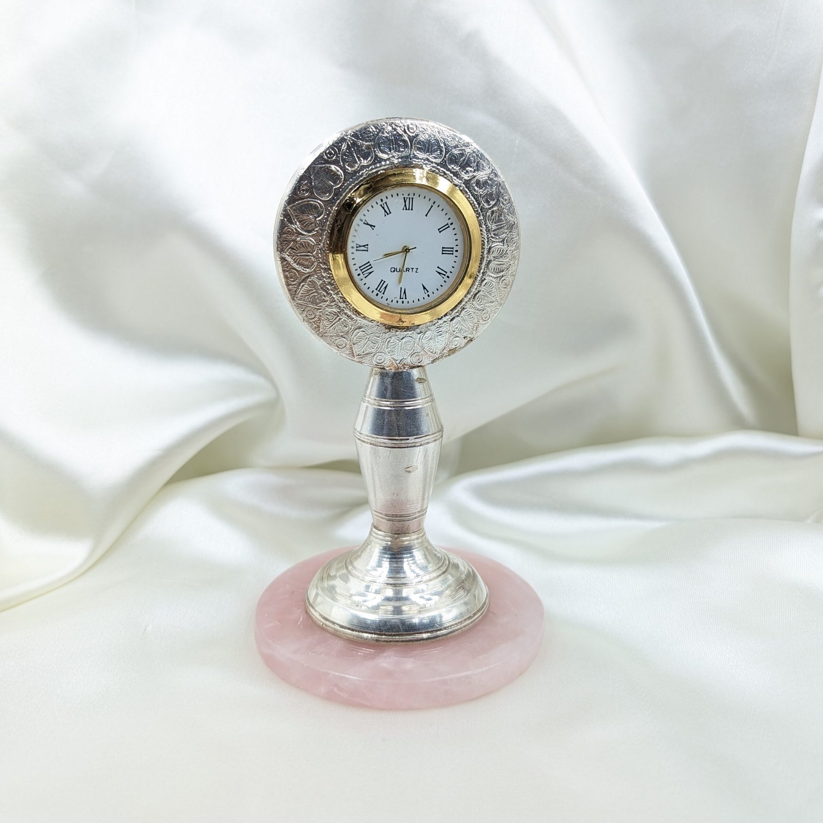 Silver Clock on Rose Quartz Stand, Home Decor Gift - Image 5