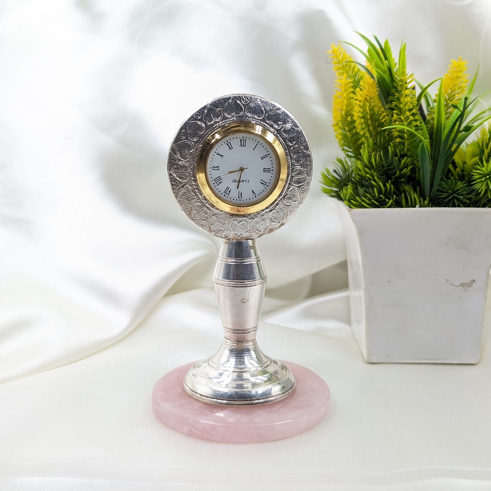 Silver Clock on Rose Quartz Stand, Home Decor Gift - Image 6