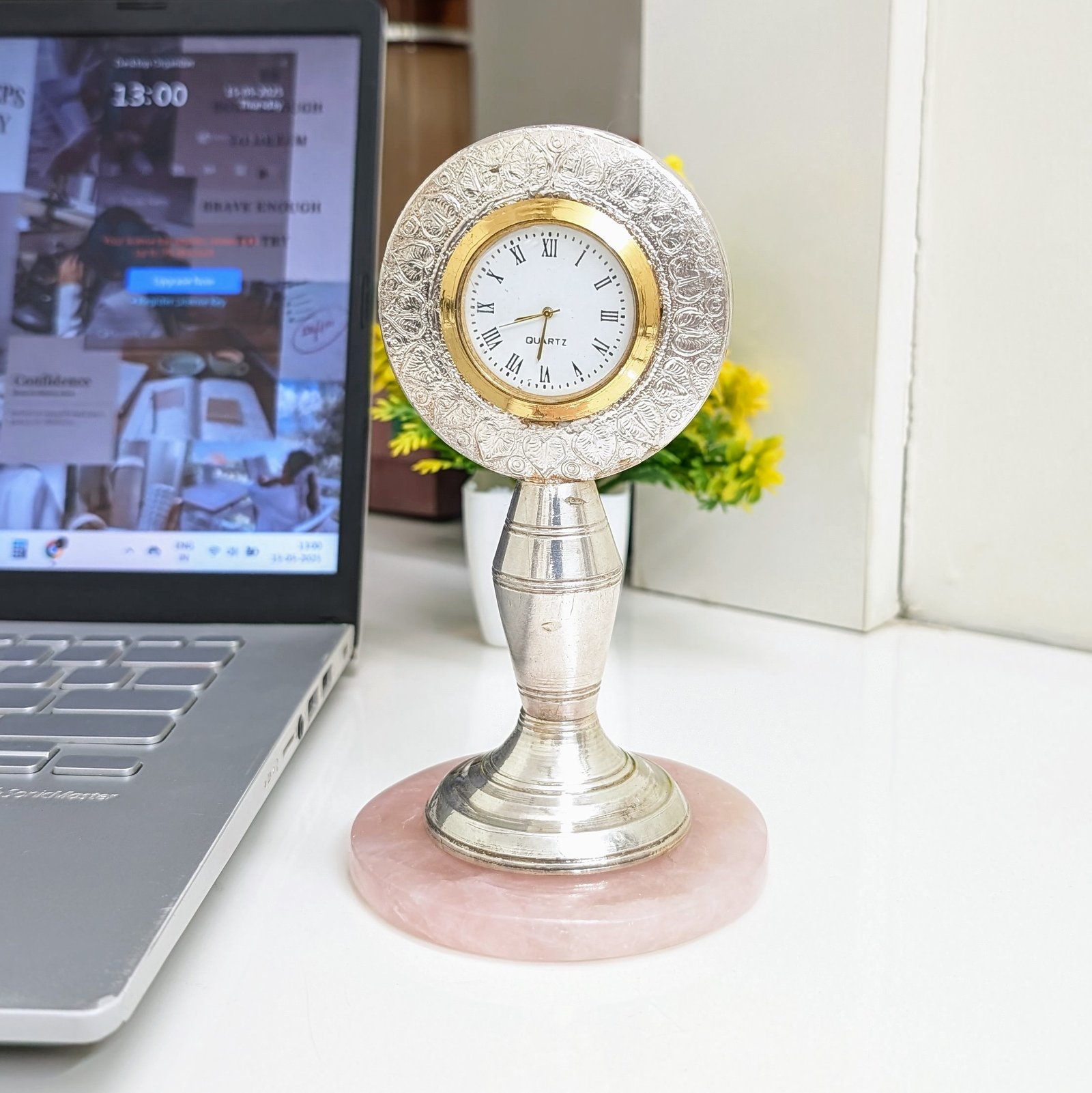 Silver Clock on Rose Quartz Stand, Home Decor Gift