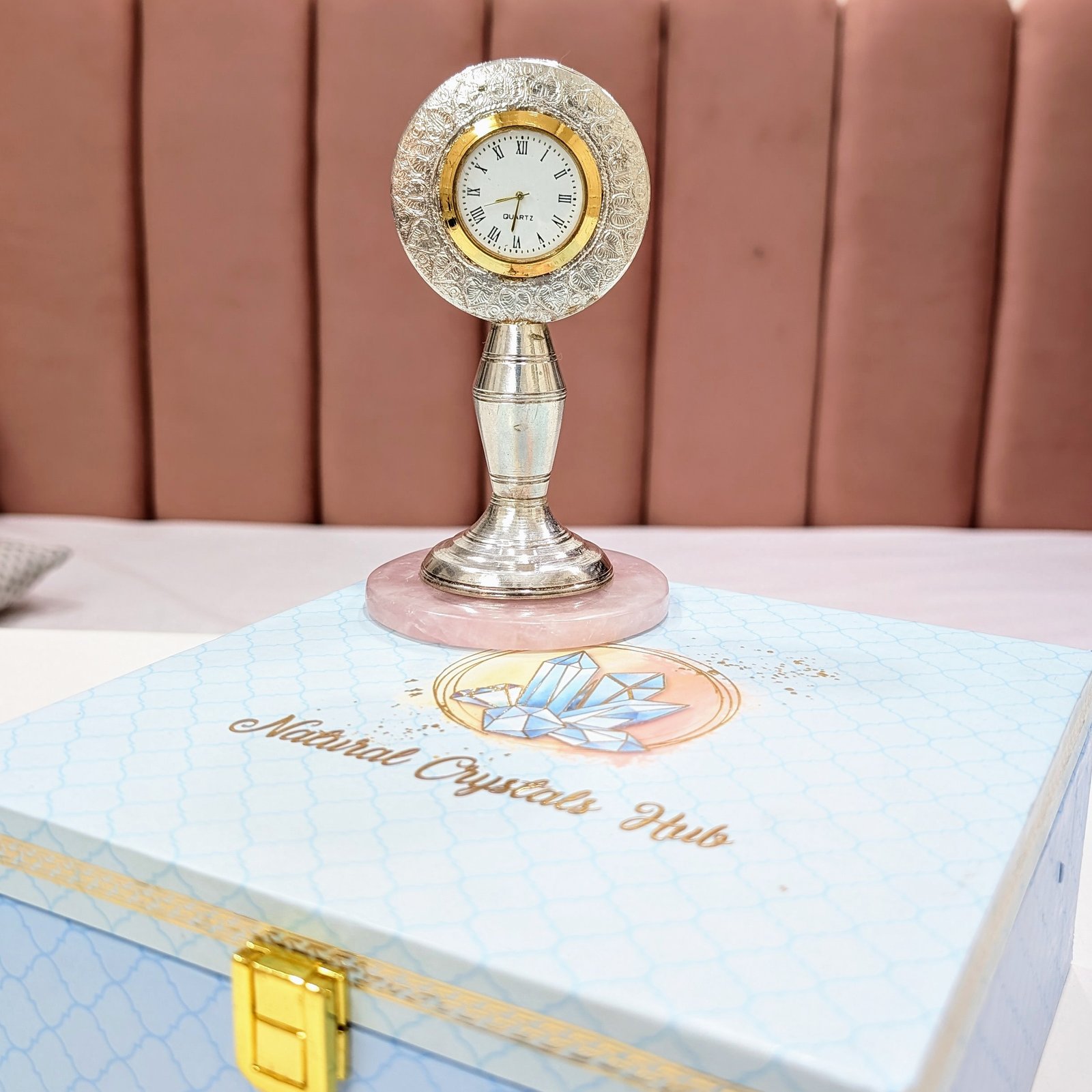 Silver Clock on Rose Quartz Stand, Home Decor Gift - Image 7
