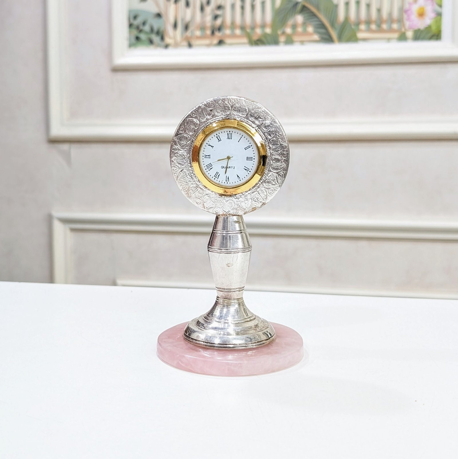Silver Clock on Rose Quartz Stand, Home Decor Gift - Image 8