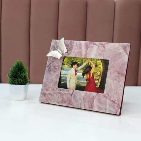 Handcrafted Rose Quartz Photo Frame with 925 silver butterfly