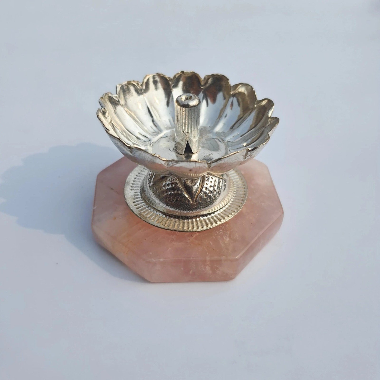 Rose Quartz Lamp - German Silver Diya Stand, Pooja Décor