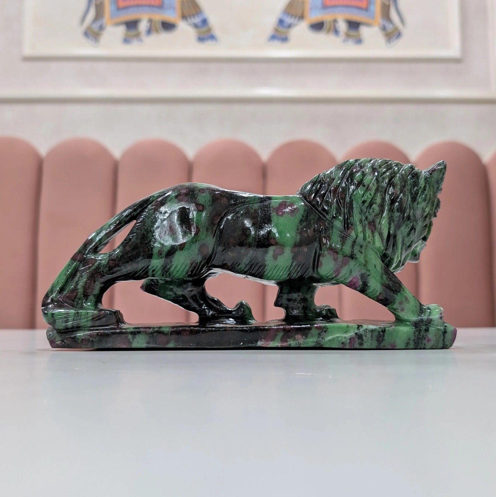 Hand-Carved Ruby Zoisite Lion Statue – Feng Shui Décor - Image 3