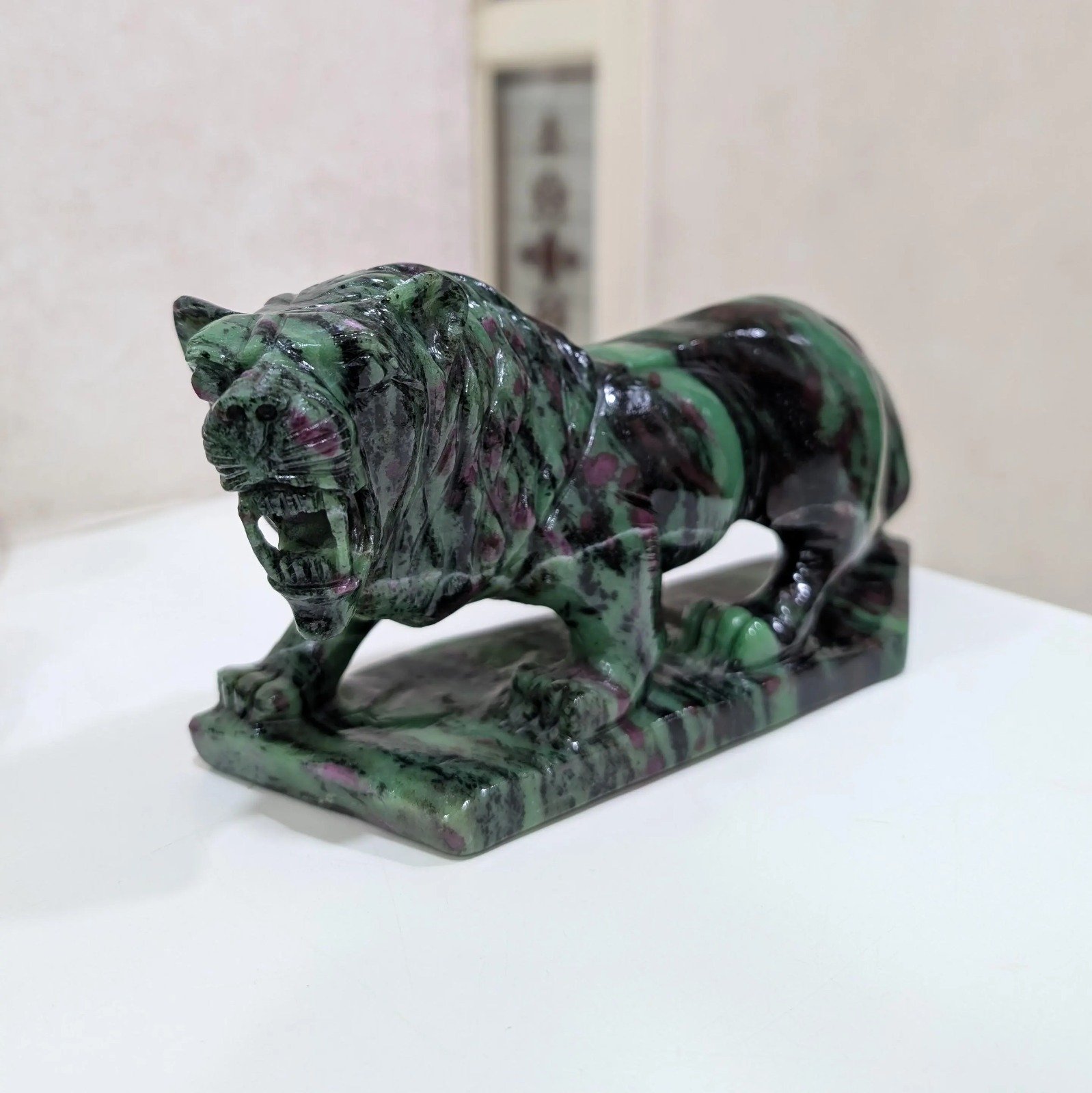 Hand-Carved Ruby Zoisite Lion Statue – Feng Shui Décor - Image 6