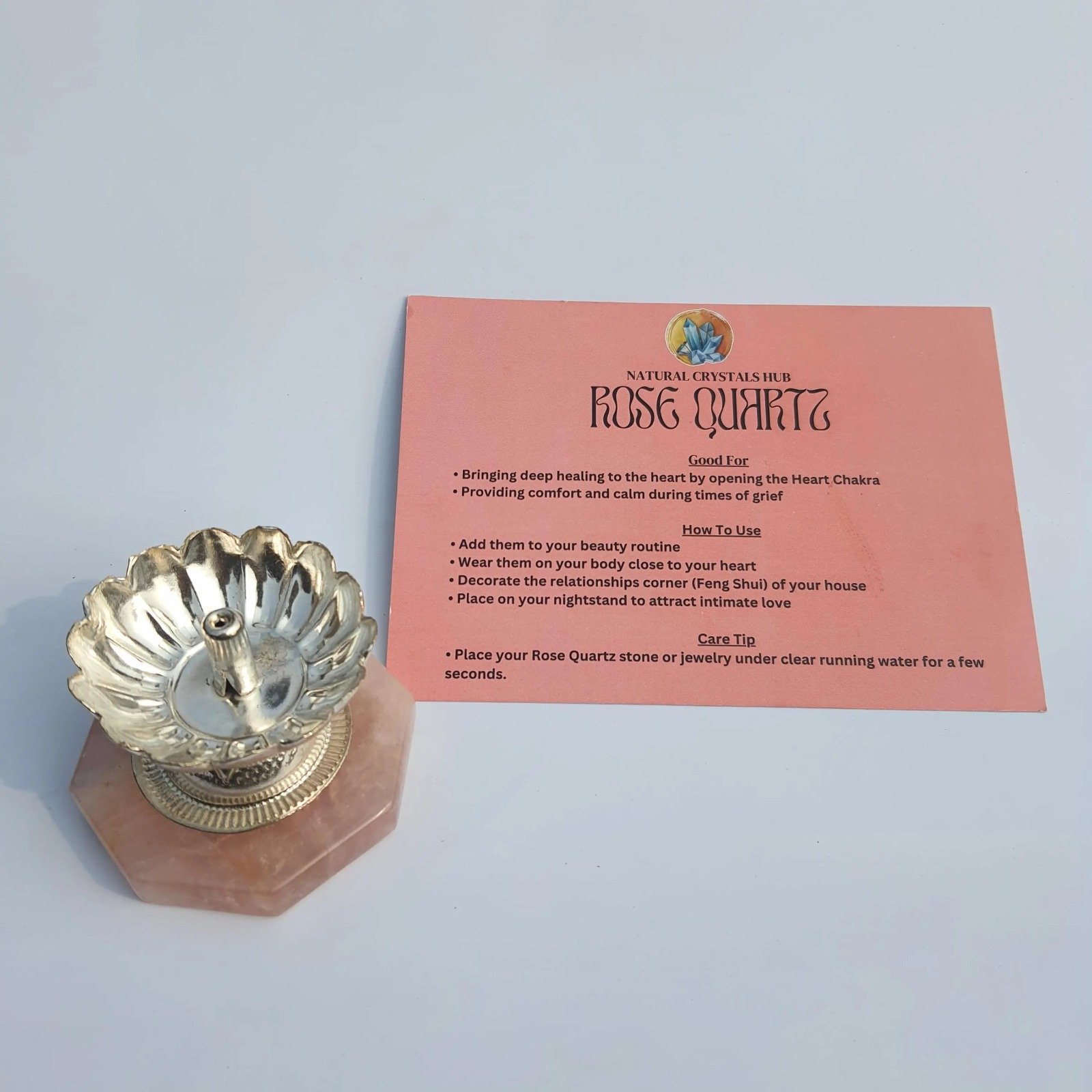Rose Quartz Lamp - German Silver Diya Stand, Pooja Décor - Image 5