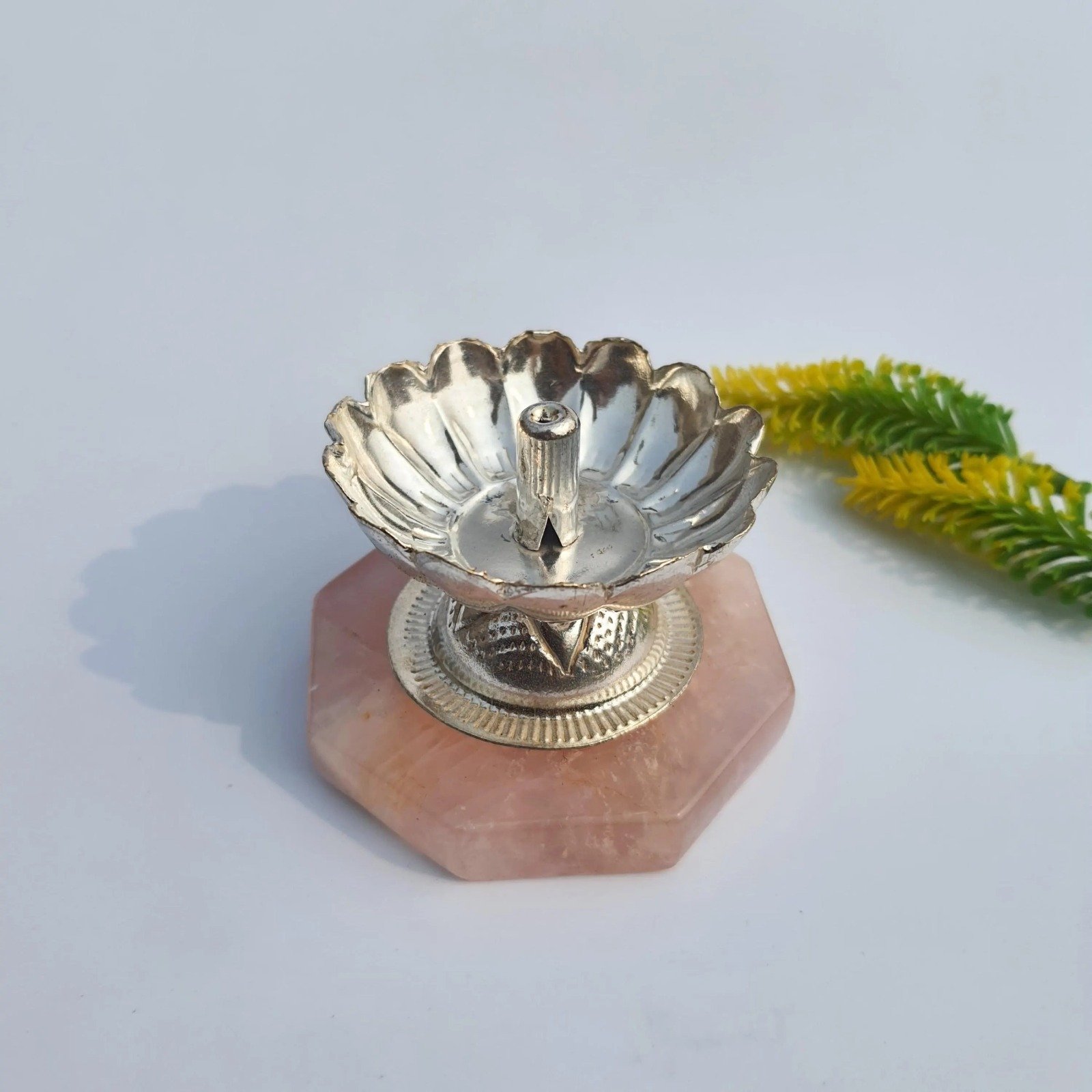 Rose Quartz Lamp - German Silver Diya Stand, Pooja Décor - Image 4