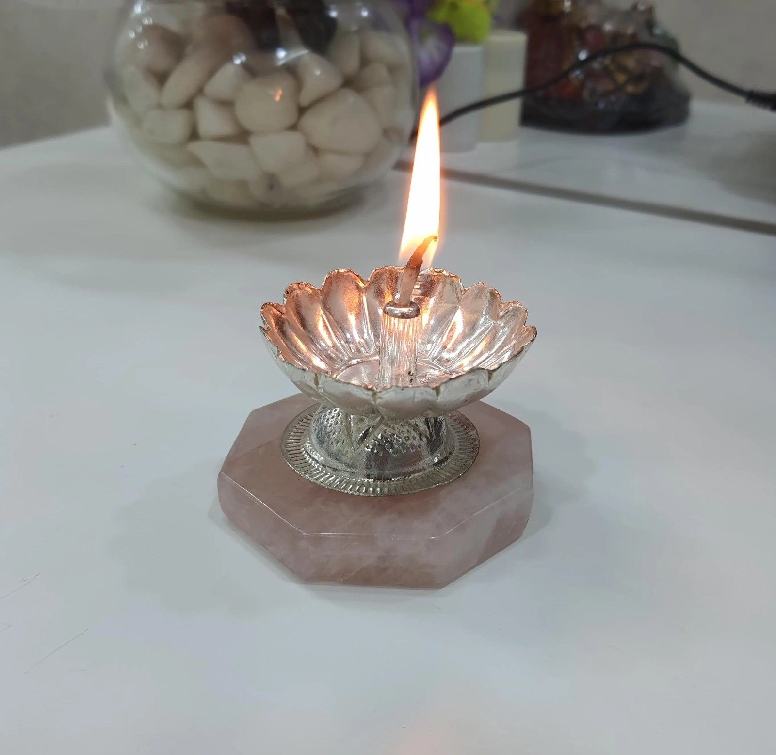 Rose Quartz Lamp - German Silver Diya Stand, Pooja Décor - Image 3