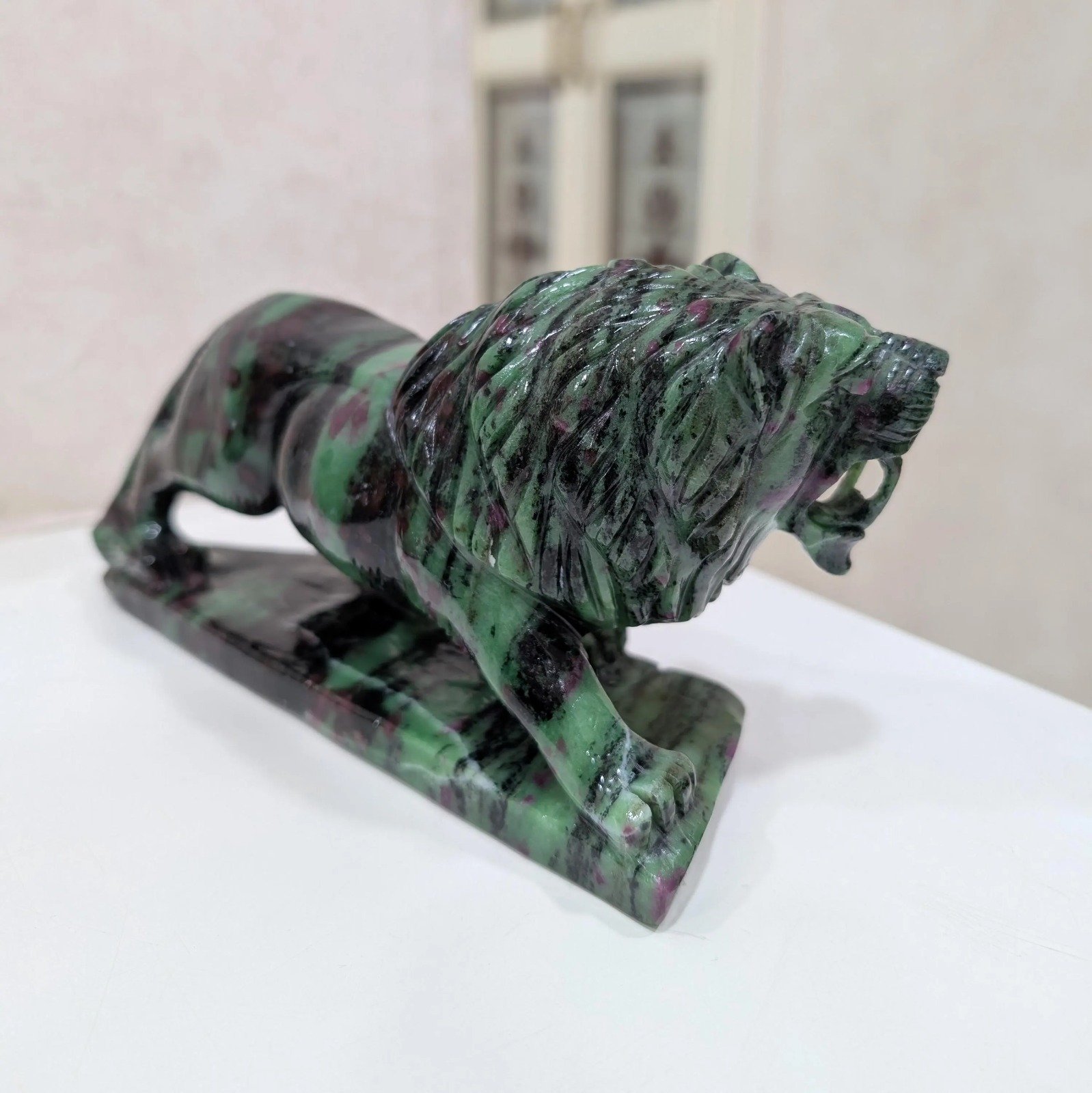Hand-Carved Ruby Zoisite Lion Statue – Feng Shui Décor