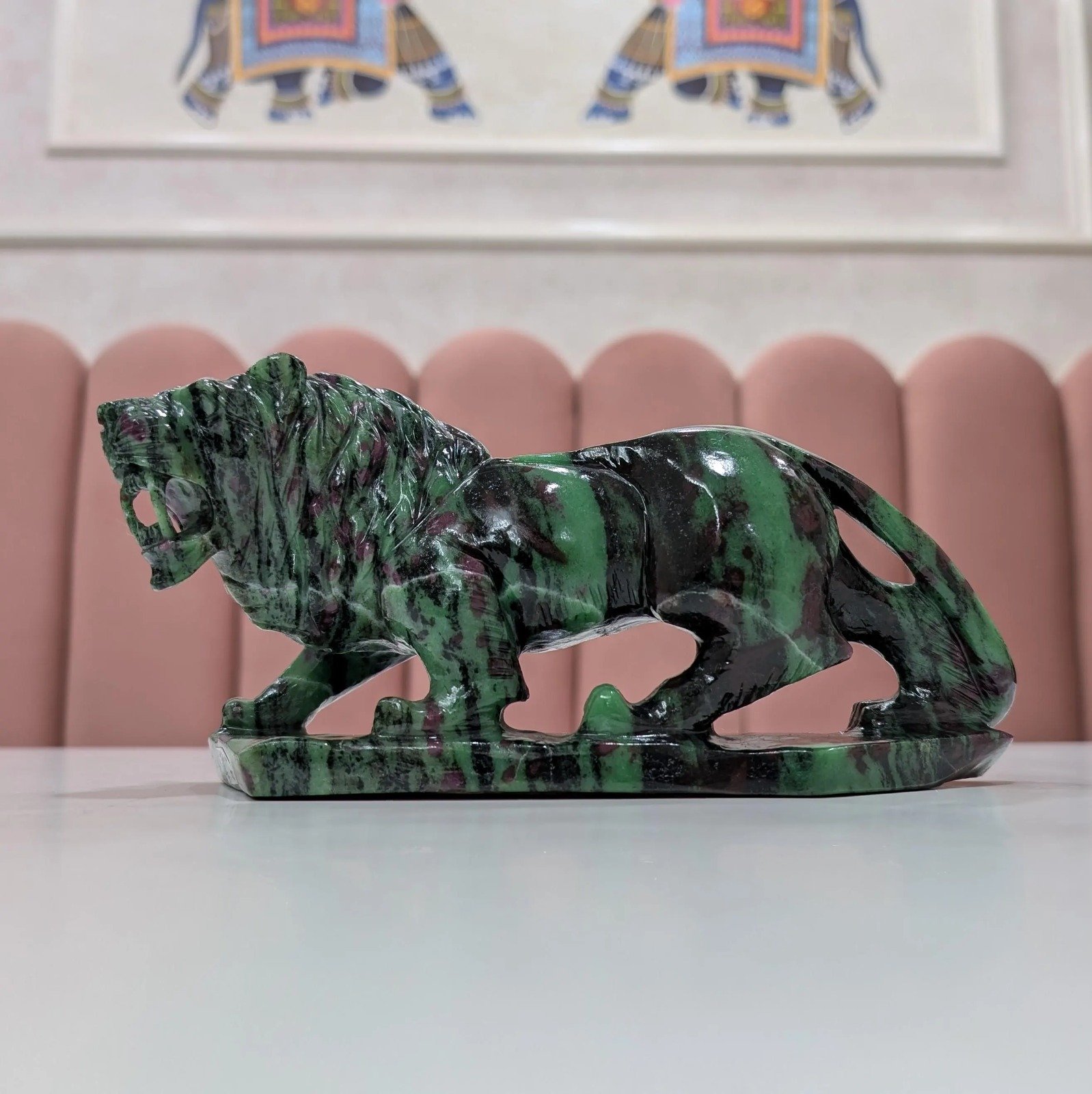 Hand-Carved Ruby Zoisite Lion Statue – Feng Shui Décor - Image 2