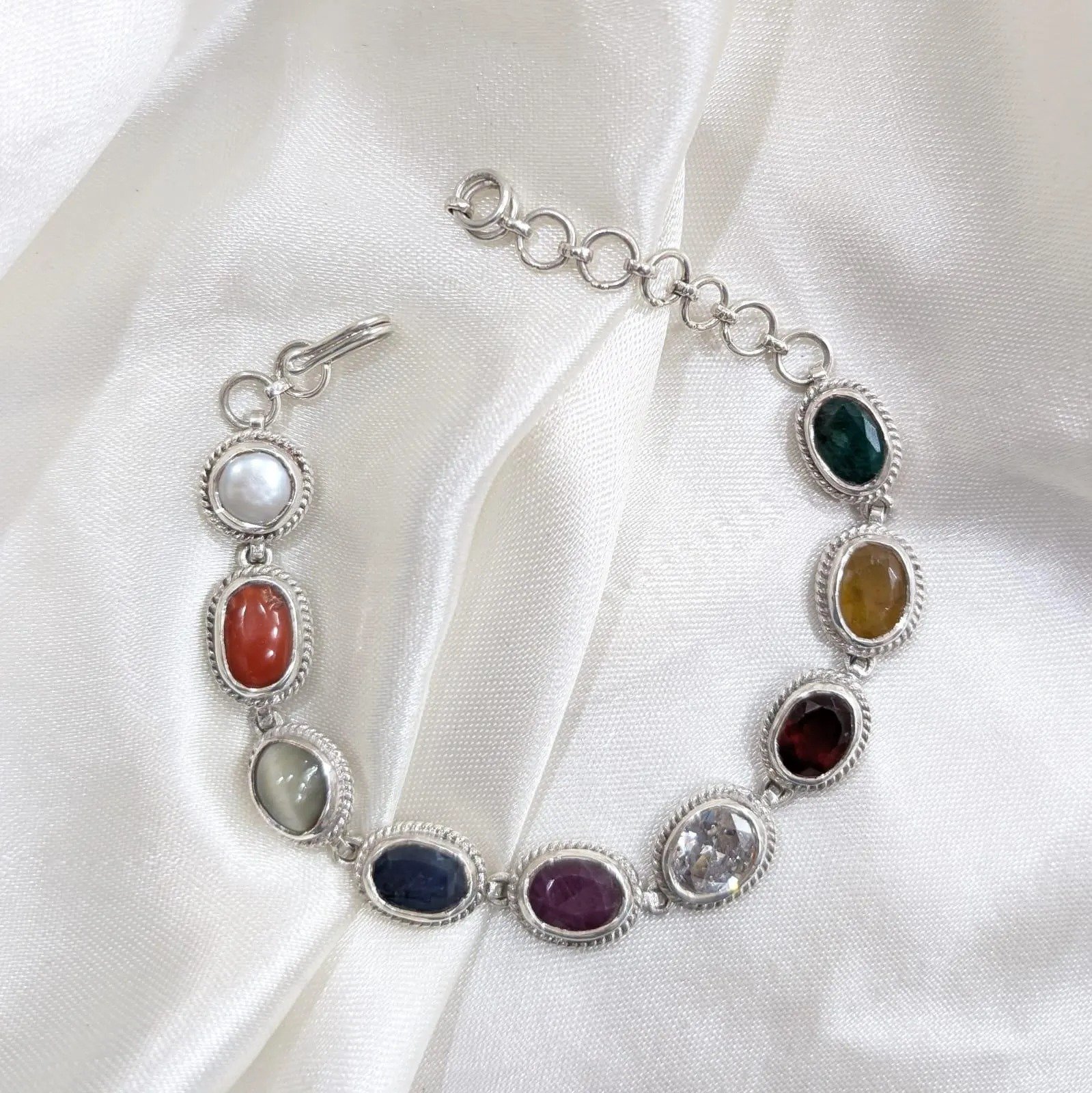 Navaratna Gemstone Bracelet, 9-Chakra Silver Bracelet