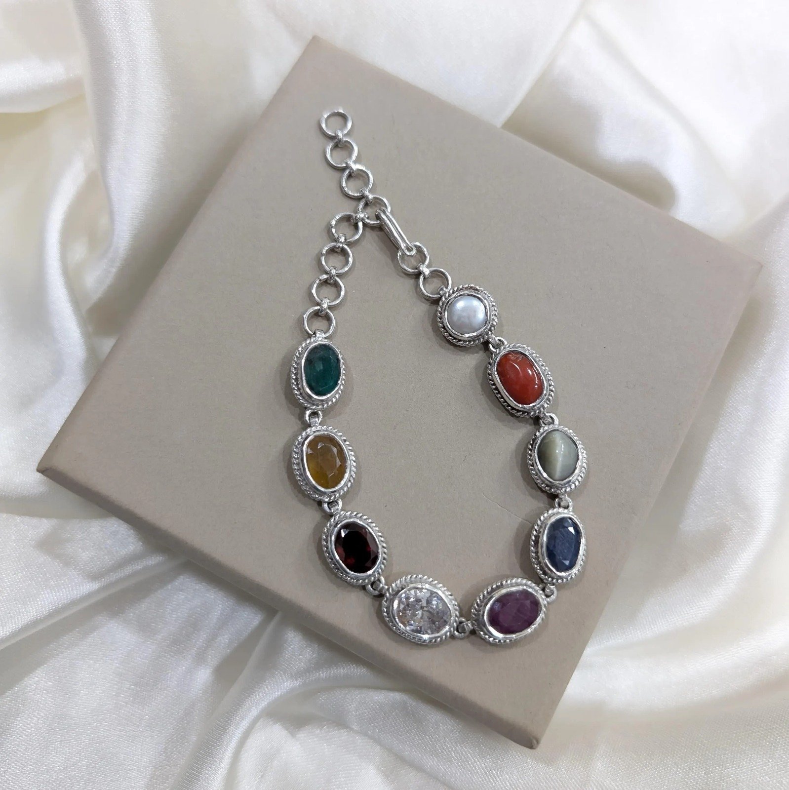 Navaratna Gemstone Bracelet, 9-Chakra Silver Bracelet - Image 9