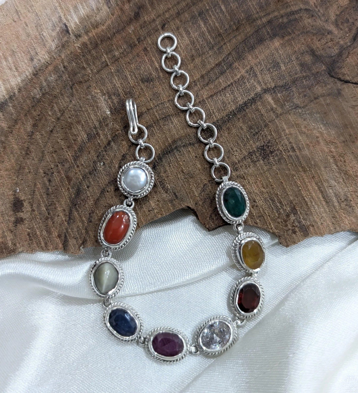 Navaratna Gemstone Bracelet, 9-Chakra Silver Bracelet - Image 8