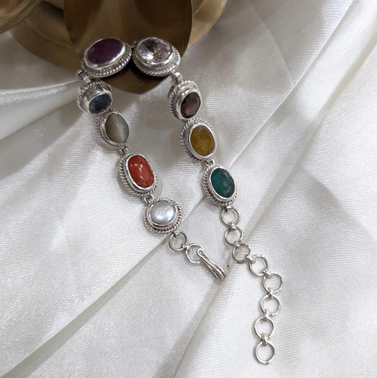 Navaratna Gemstone Bracelet, 9-Chakra Silver Bracelet - Image 3