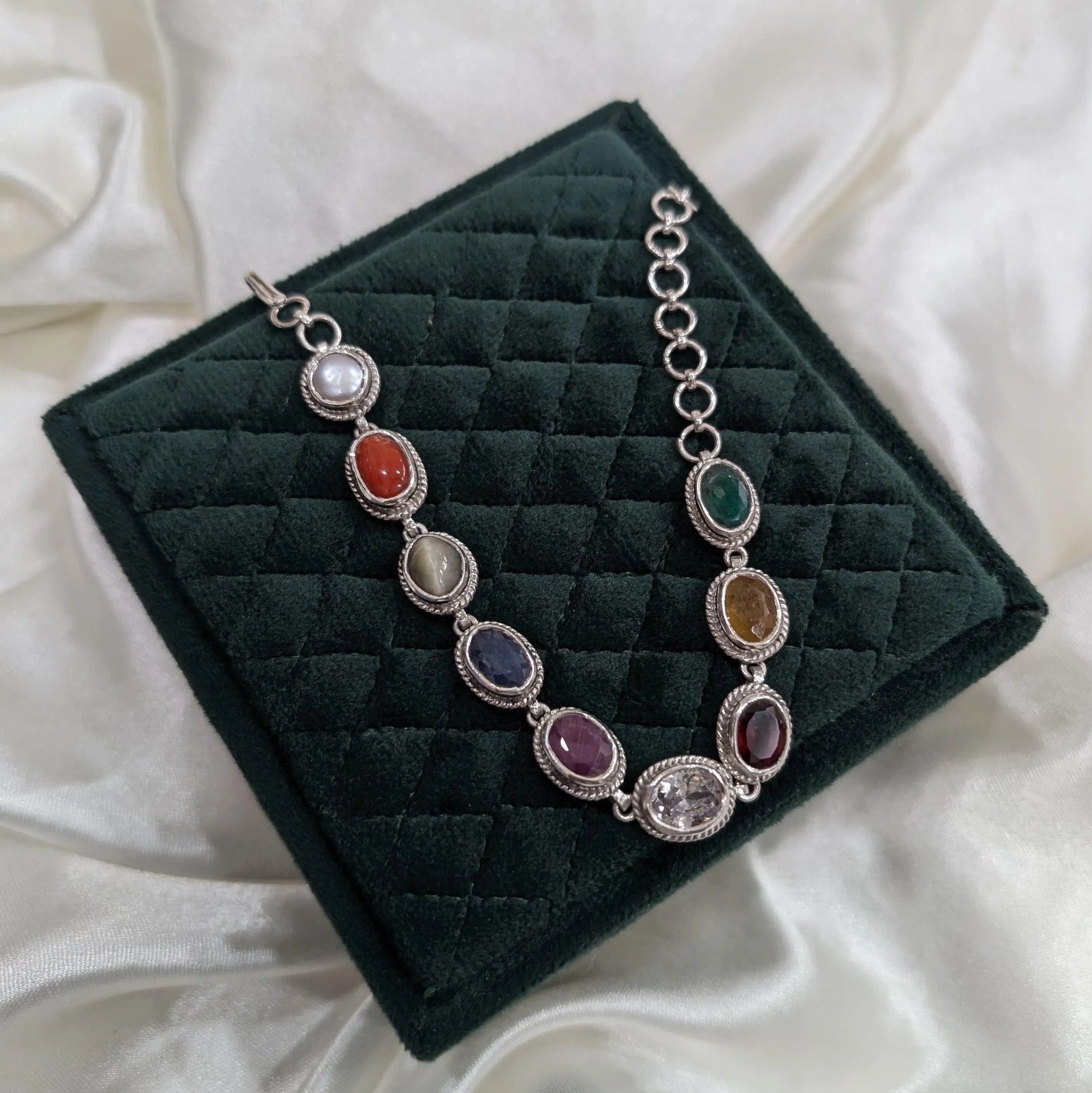 Navaratna Gemstone Bracelet, 9-Chakra Silver Bracelet - Image 2