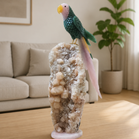 Hand Carved Gemstone Parrot on Natural Quartz Geode