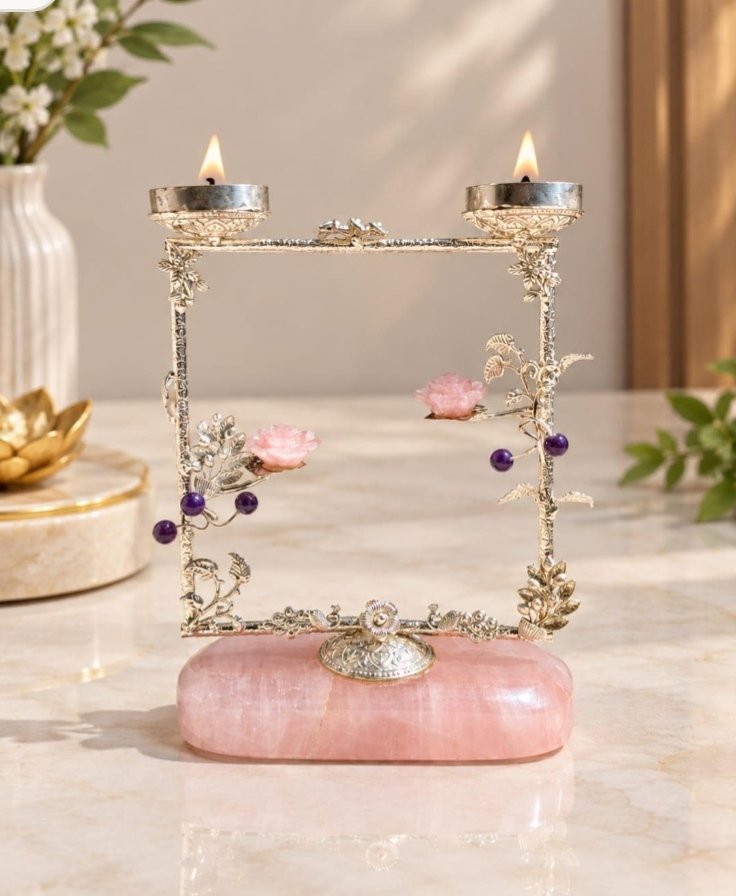 Oil Lamp - Rose Quartz German Silver for Luxury Home Décor
