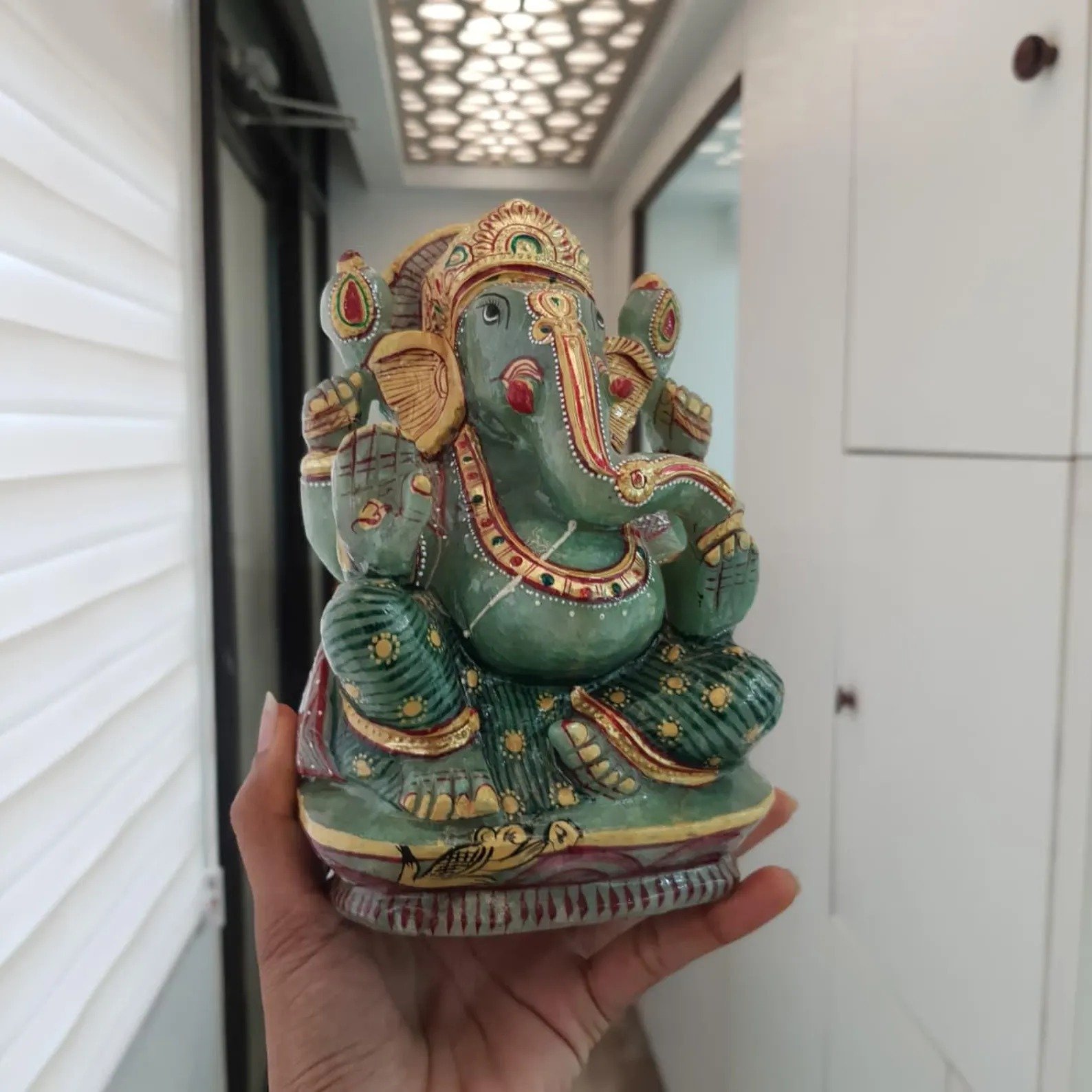 Green Jade Ganesha Idol, 7" Ganesh ji Murti for Home, Temple & Gift - Image 2